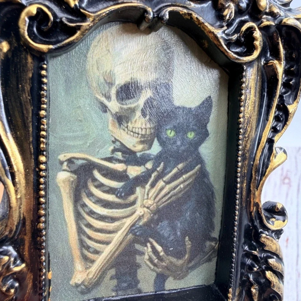 Handmade Skeleton Black Cat Art Ornate Baroque Gold Black Resin Frame